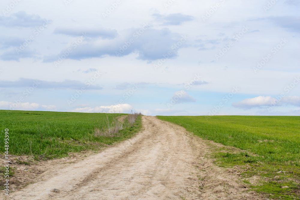  dirt field road. village background. green grass and blue sky