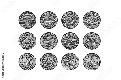 Complete set of the twelve zodiac signs charms in Romanian, isolated on white background, clipping path included