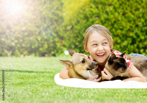 Photography girl with a dog and a cat