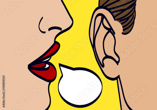 Woman lips whispering in mans ear drawing vector illustration