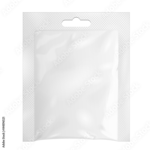 White Blank Retort Foil Pouch Packaging Hang Slot Medicine Drugs Or Coffee, Salt, Sugar, Pepper, Sachet, Sweets Or Condom. Isolated Mock Up Template Ready For Your Design. Product Packing Vector EPS10