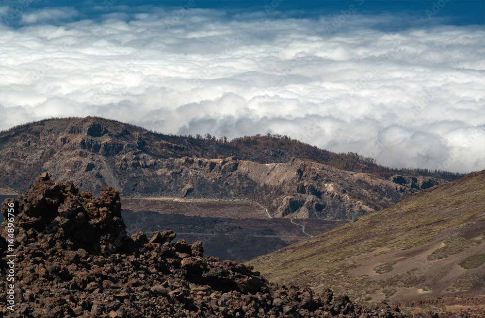 View of the clouds from the crater of Teide volcano. Island of Tenerife, Canary Islands.