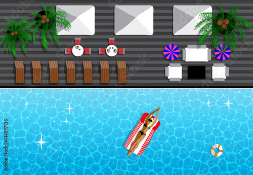 Summer Resort with girl tanning in the sun and Swimming in Pool