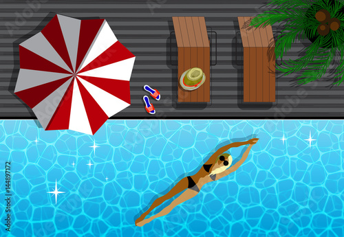 Top view of Modern Resort and woman in Swimming Pool