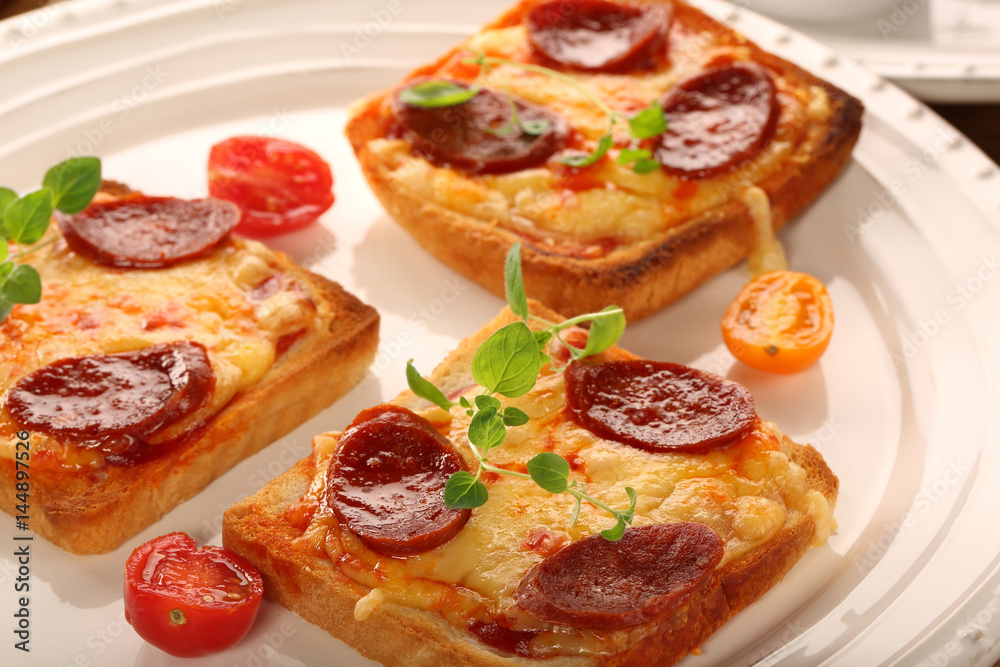 Fresh toast with cheese and chorizo sausage