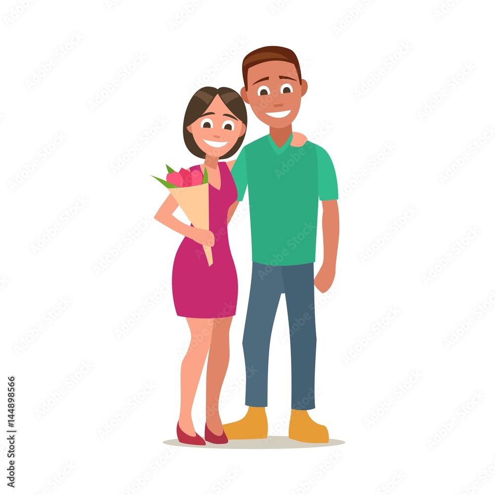Couple with bouquet of flowers. Color flat vector illustration isolated