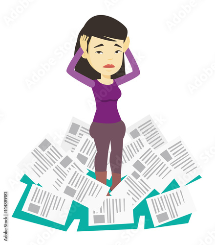 Stressed business woman having lots of work to do.