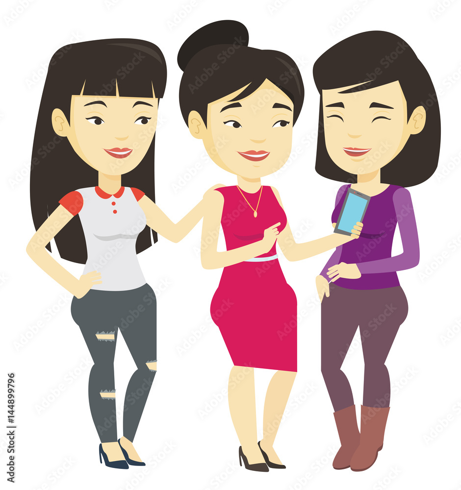 Three smiling friends looking at mobile phone. Three smiling friends looking at mobile phone.