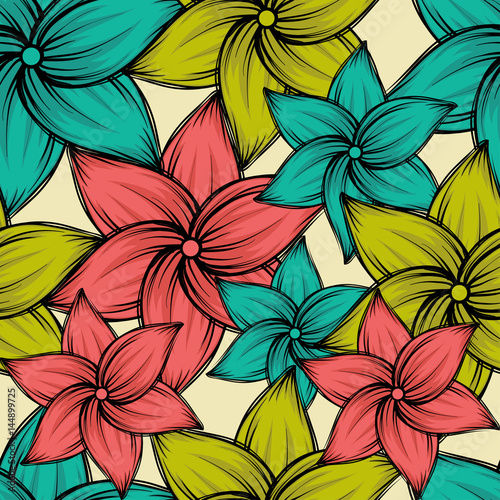 Seamless summer tropical background with exotic flowers, vector illustration.