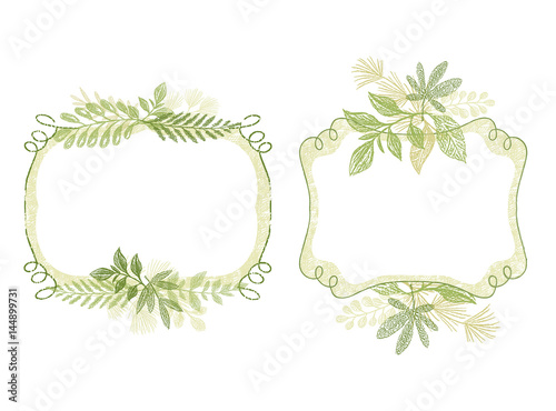 Vector frame set with green plant leaves ornament. Hand drawn branch border composition, card design