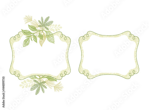 Hand drawn branch border with floral elements. Swirl frame set with green plant leaves ornament. Botanical composition, card design