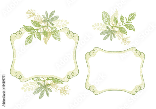 Swirl frame set with green floral ornament. Hand drawn branch border with floral elements. Botanical composition, card design