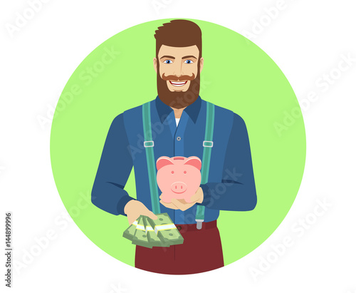 Hipster with cash money holding a piggy bank