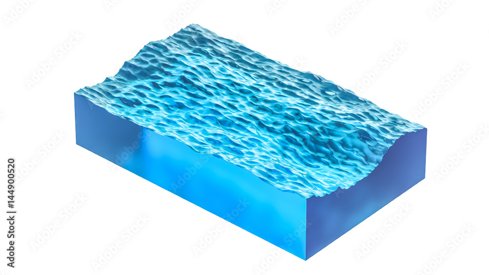 Fototapeta premium Rectangular section of ocean or sea water, with small waves. 3d Illustration, isolated on white background