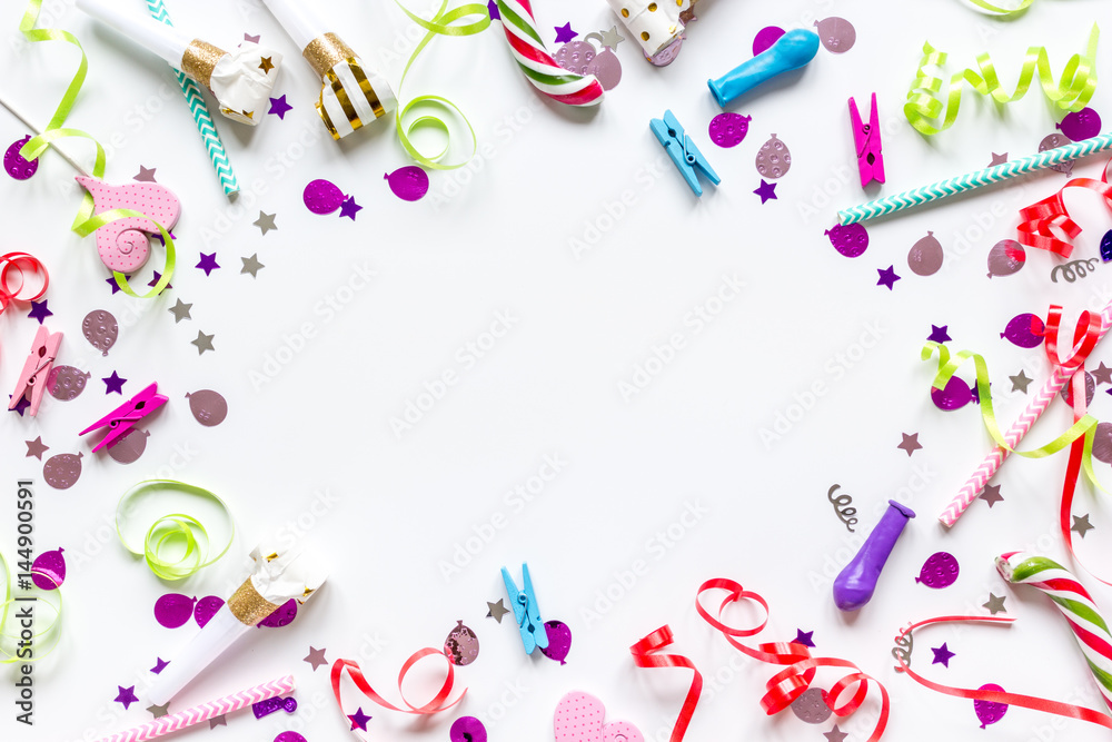 party set with lollipop and confetti on white background top view mock up