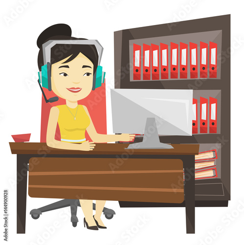 Woman playing computer game vector illustration.