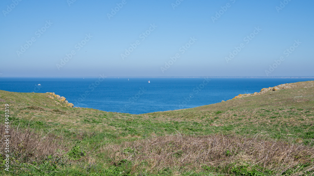 Ile de Groix in Brittany, panorama, field which overhangs the sea