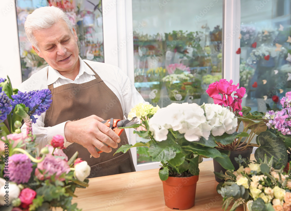 Male florist taking care of flowers in flower shop