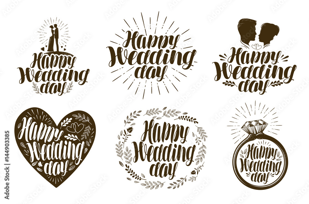 Happy Wedding Day Label Set Married Couple Love Icon Or Logo Lettering Vector Illustration Stock Vector Adobe Stock