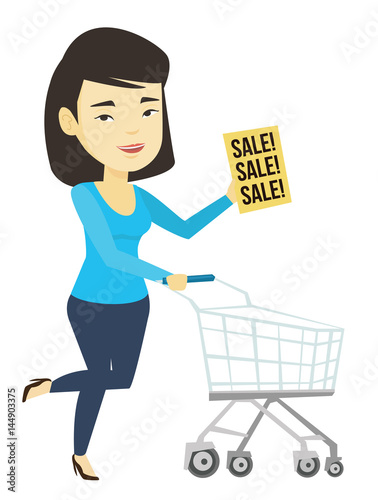 Woman running in hurry to the store on sale.