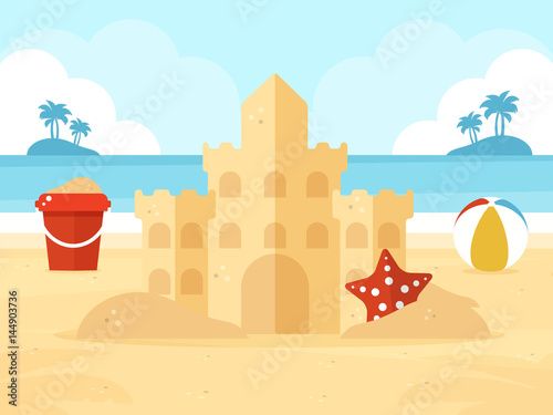 Wallpaper Mural Summer Vacation. Sand Castle, Bucket of Sand and Beach Ball on a Beach. Flat Design Style.  Torontodigital.ca