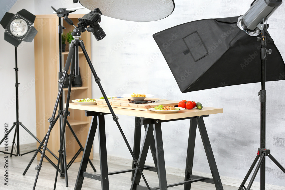 Interior of professional photo studio while shooting food - obrazy, fototapety, plakaty 