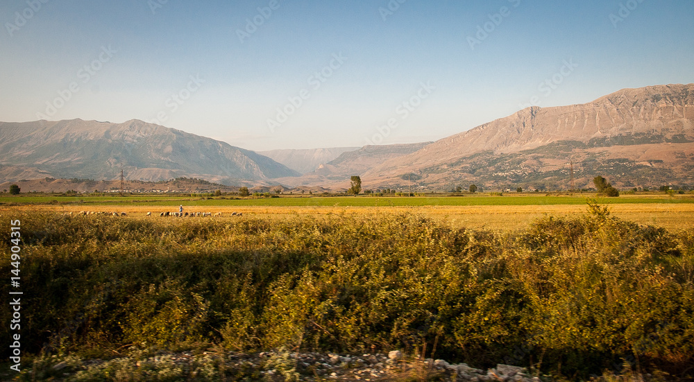 2016, Albania, Beautiful panorama of albanian field and moutains