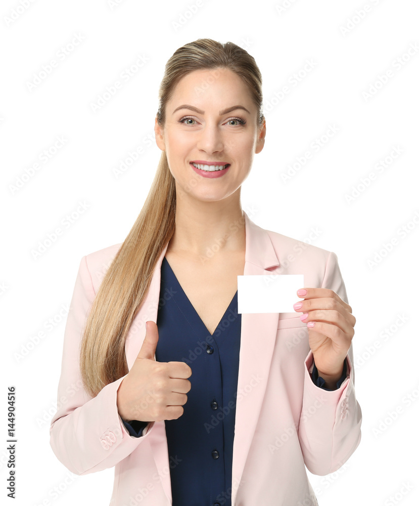Beautiful young woman with business card on white background Beautiful young woman with business card on white background