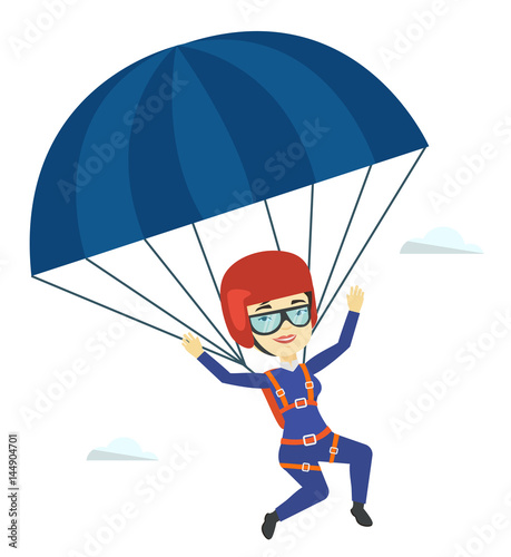 Young happy woman flying with parachute.