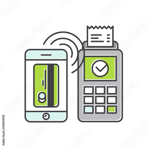 Vector Icon Style Illustration of POS terminal confirms the payment made through mobile phone. Concept icons NFC payments in a flat style. Pay or making a purchase contactless or wireless manner