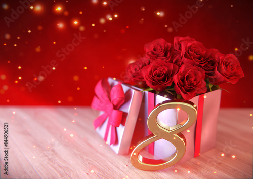 birthday concept with red roses in gift on wooden desk. eighth. 8th. 3D render