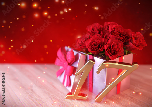 birthday concept with red roses in gift on wooden desk. 17th. 3D render