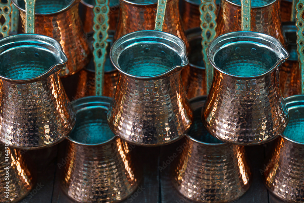 Handmade copper coffee pots on the stand for sale Handmade copper coffee pots on the stand for sale