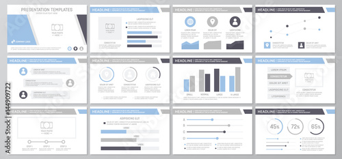 Set of gray and blue elements for multipurpose presentation template slides with graphs and charts. Leaflet, corporate report, marketing, advertising, annual report, book cover design.