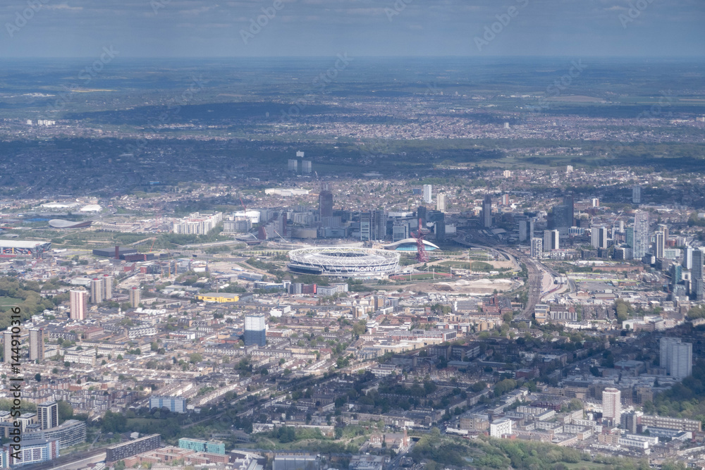 Aerial view above Stratford (Olympic Park), London -  looking east