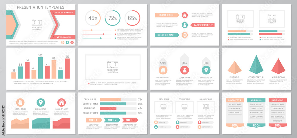 Set of colored elements for multipurpose presentation template slides with graphs and charts. Leaflet, corporate report, marketing, advertising, annual report, book cover design.