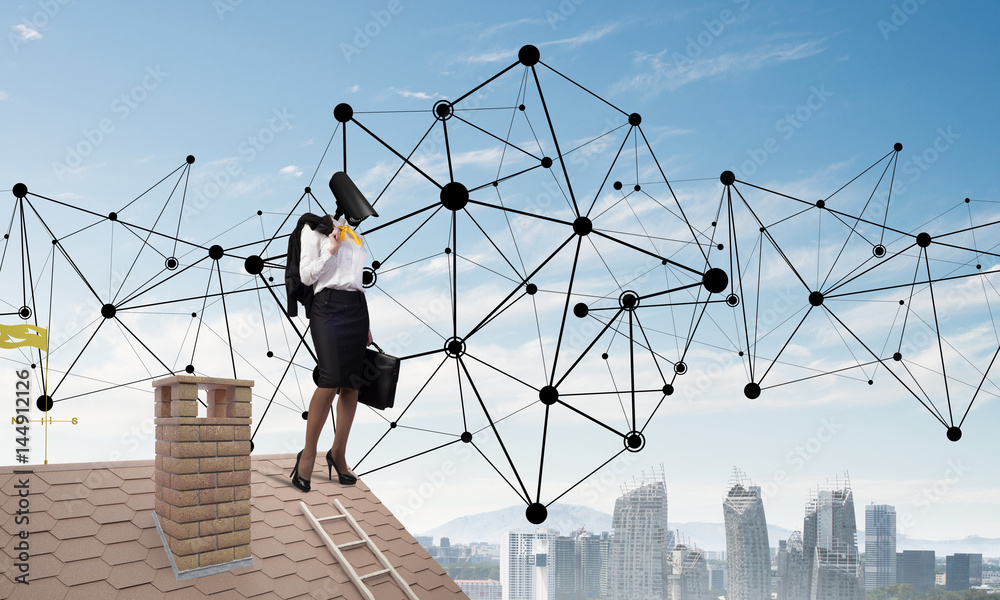 Concept of security and privacy protection with camera headed woman