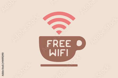 Poster with cup of coffee and text Free WiFi for street cafe. Sign free wifi area sign on a coffee cup. colorful design. Vector Illustration