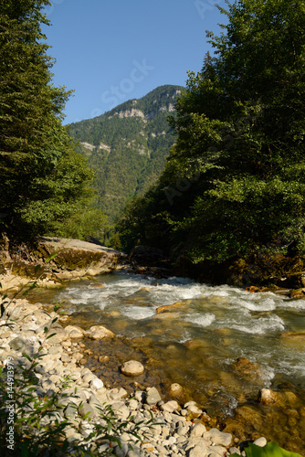 Mountain river Gega, flows among the gorge, washing huge boulders, Abkhazia, the Caucasus