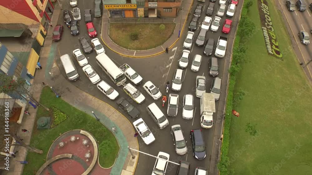 Aerial of traffic jam in Lima, Peru, South America. Here at the via expresa and the Angamos street in Surquillo, Miraflores. LIMA, Aerial of traffic jam in Lima, Peru, South America. Here at the via expresa and the Angamos street in Surquillo, Miraflores. LIMA,