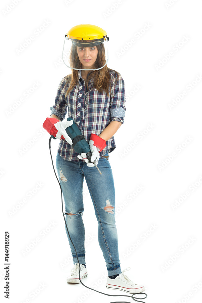 Attractive young woman builder with drill tool happy for good work. Isolated on white background. Attractive young woman builder with drill tool happy for good work. Isolated on white background.