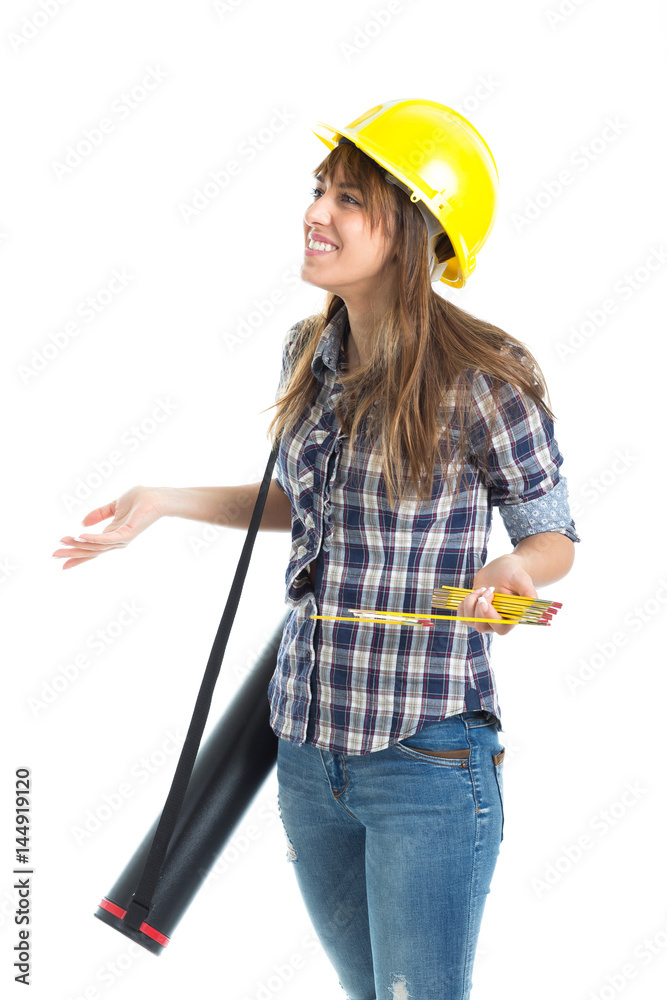 Young woman architect builder verify construction site work. Isolated on white background. Young woman architect builder verify construction site work. Isolated on white background.