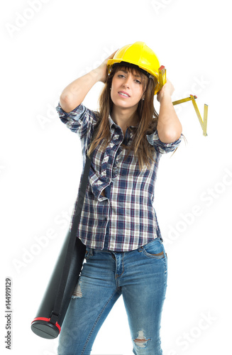 Young woman architect builder verify construction site work. Isolated on white background.