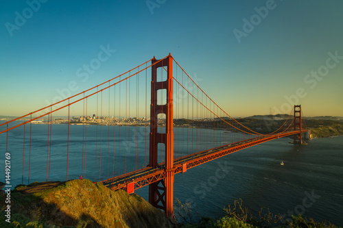 Aerial view of the Golden Gate Bridge in San Fransisco at golden hour