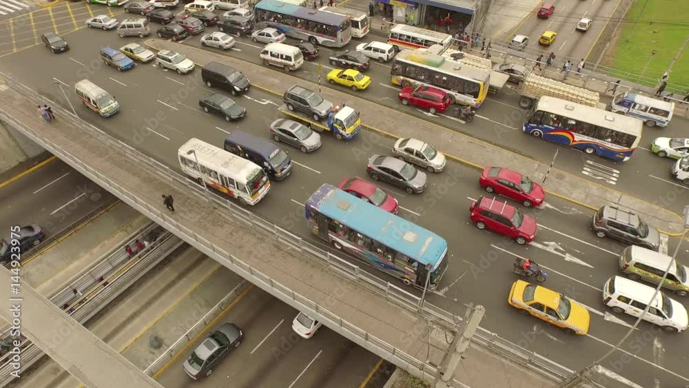 Aerial of traffic holdup in Lima, Peru, South America. Cross-way (Via Expresa and Angamos street) in Surquillo, Miraflores. LIMA, 