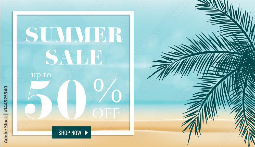 Naklejka premium Summer sale discount End of season banner on location beautiful beach background. Can used for gift voucher, poster,advertising social media and cover magazine promotion. Vector illustration