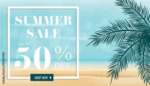 Summer sale discount  End of season banner on location beautiful beach background. Can used for gift voucher, poster,advertising social media and cover magazine promotion. Vector illustration