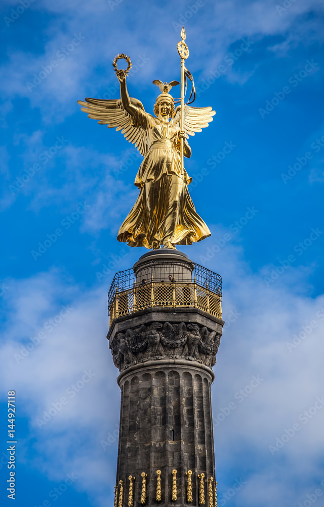Detail of the golden angel of the Siegessaeule (Victory Column) in Berlin, Germany
