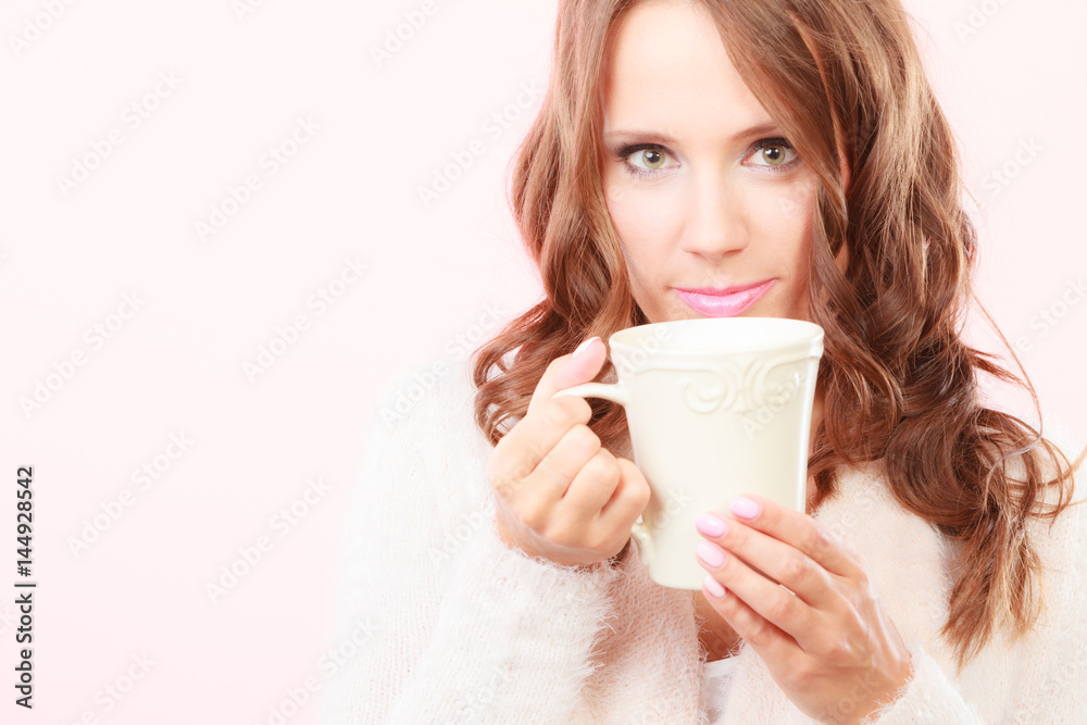 Autumn woman holds mug with coffee warm beverage Autumn woman holds mug with coffee warm beverage