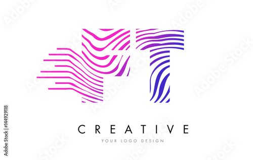 FT F T Zebra Lines Letter Logo Design with Magenta Colors